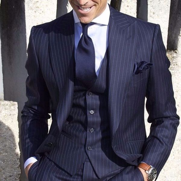 

custom made new arrival wool blended navy blue mens striped suit costume made formal fashion men suit 3pieces handsome terno, White;black