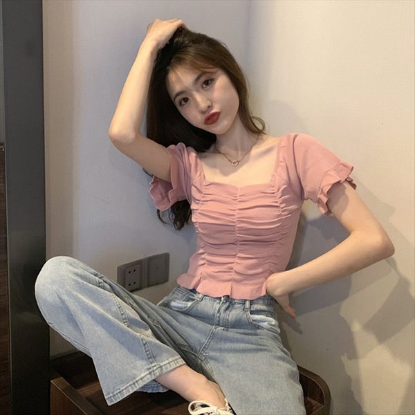 

irregular square collar short sleeve 2020 women's design short slim average size hong kong style t-shirt, White