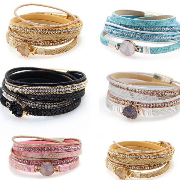 

2019 новая женская мода натуральный камень druzy wrap кожаные браслеты браслеты для женщин boho bohemian party gift, Golden;silver