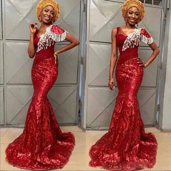 

arabia style red evening dress mermaid dubai aso ebi prom gowns zipper back with white lace tassel custom made formal evening dresses, Black;red