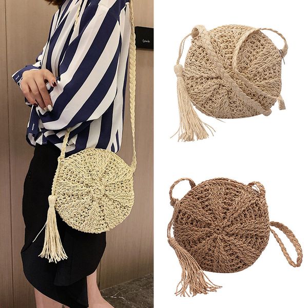 

women's bag braided cross-bag body bag round circular rattan wicker straw shoulder tassel shoulder solid color bag#35
