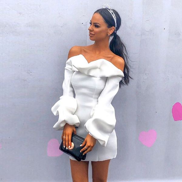 

off shoulder ruffle long sleeve mini dresses women white elegant high waist bodycon party 2020 spring summer, Black;gray