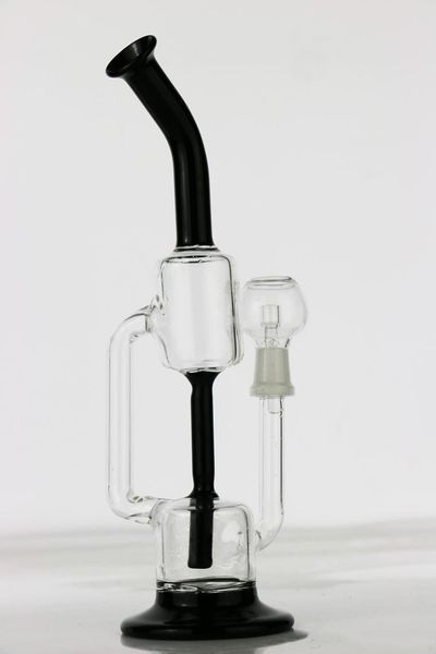 11-Zoll-Recycler-Ölplattformen, Wasserpfeifen, 14 mm, schwarzes Design, Doppelkammer-Wasserpfeife aus Glas mit 14-Nagel-Kuppel