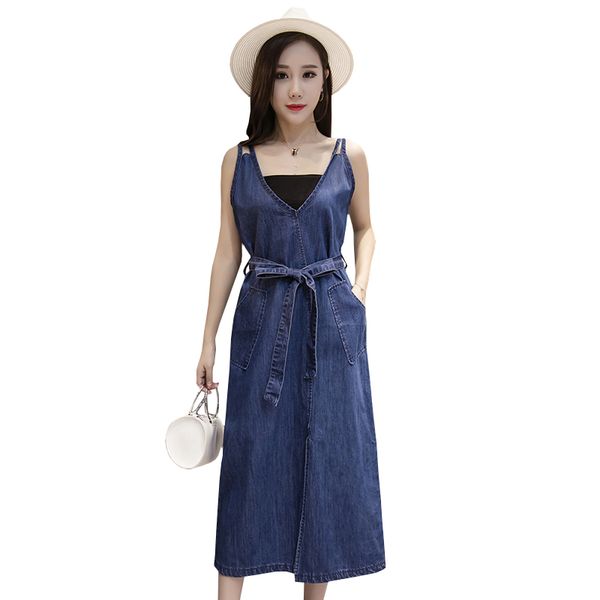

5xl 4xl 3xl plus size women jean dress spring autumn new loose spaghetti strap a-line long denim dresses robe vestidos belt, Black;gray