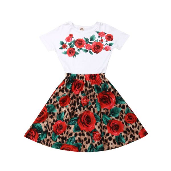

summer kids girl clothing set floral toddler baby girl clothes flower leopard print skirt outfits set girls cotton outfits, White