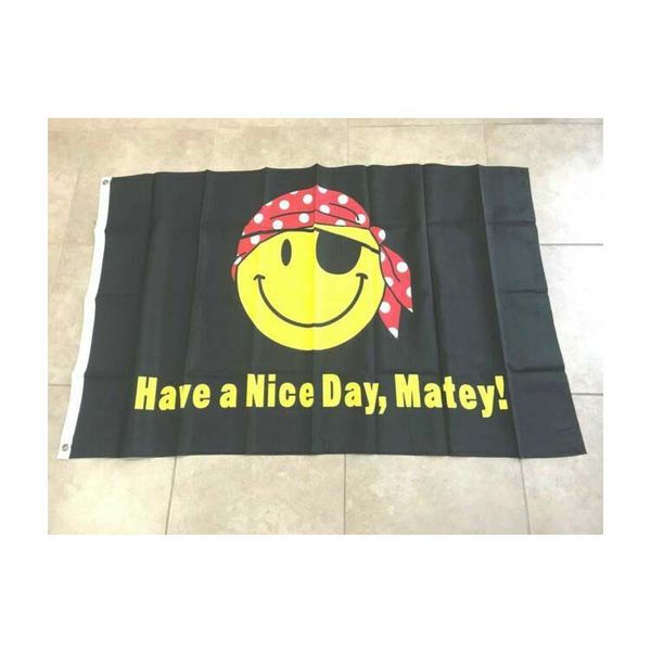 Pirate Happy Face Flag Have a Nice Day Matey Flag 3x5ft Poliestere Stampato Pesce 1.5x0.9m per uso domestico in barca, spedizione gratuita