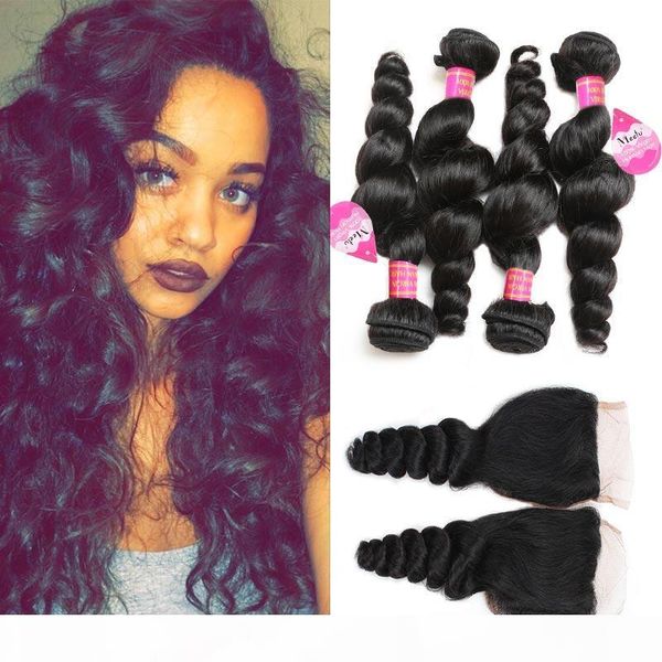 

brazilian loose wave hair weaves 4 bundles with closure middle 3 part double weft loose deep wave wavy virgin human hair extensions, Black