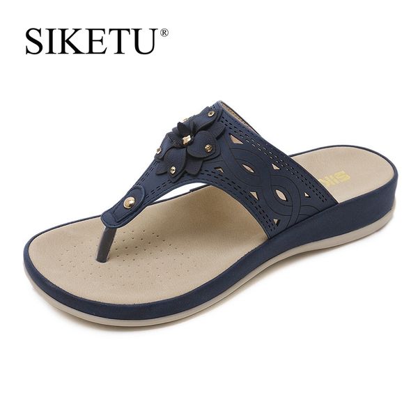 

siketu brand women fashion slides summer leather metal decoration wedges big size flip flops female outdoor breathable slippers, Black