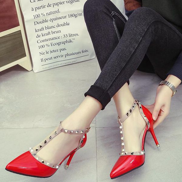 

2019 new woman high heels shoes ladies pointed toe women pumps buckle rivets nude heels shoes b1229, Black