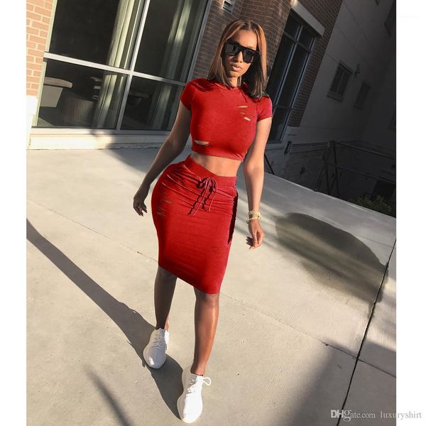 

piece dress summer women short sleeve 2pcs sets ladies tees skirts with hole candy color two, White