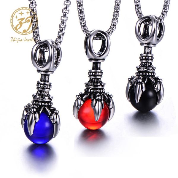 

chains zhijia stainless steel vintage pendant necklace glass 3 colour dragon bead gothic women men jewelry, Silver