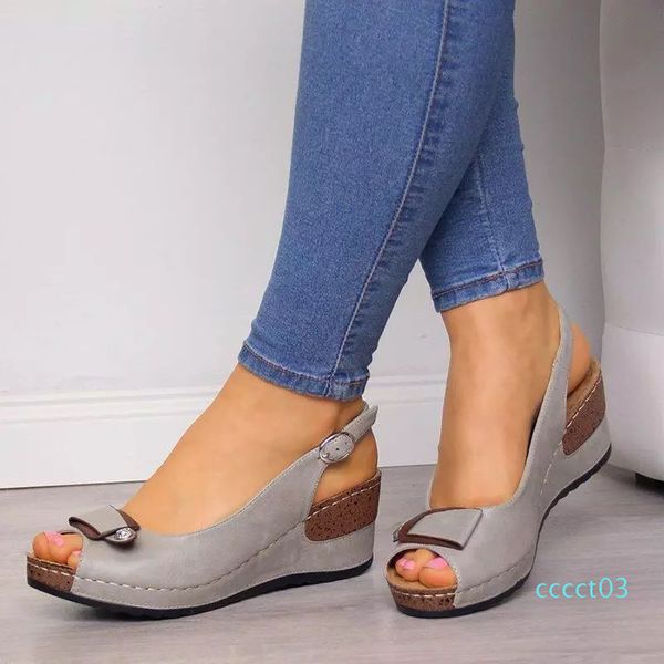 

women sandals wedges female peep toe platform slingbacks pu leather ankle buckle strap ladies summer shoes woman plus size ct03, Black
