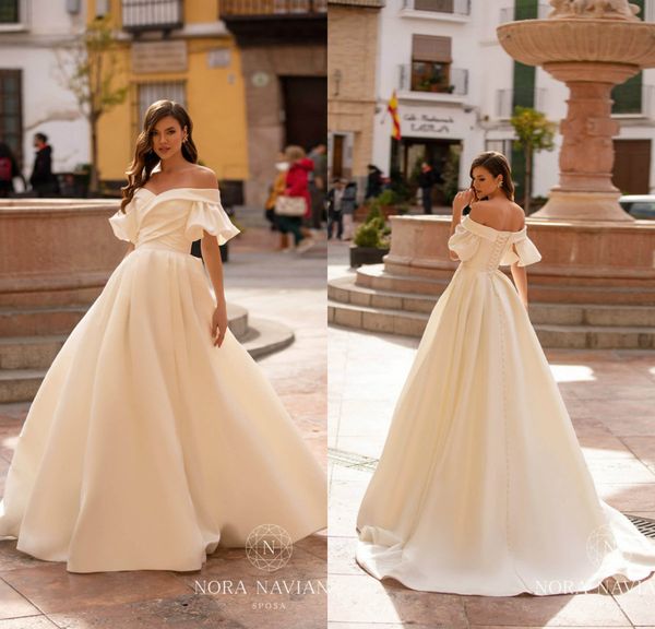 

nora naviano 2020 satin wedding dresses off the shoulder short sleeve wedding dress bridal gowns vestido country lace-up back robe de mariÃ©e, White