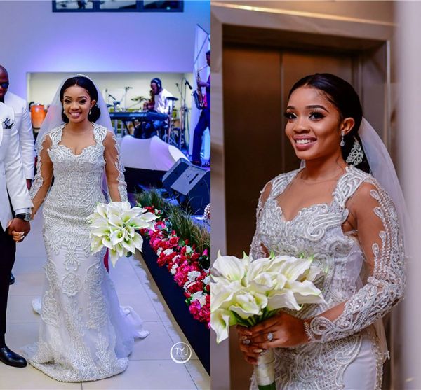 

2019 luxury long sleevs jewel neck mermaid wedding dress plus size lace appliqued african bridal gown, White