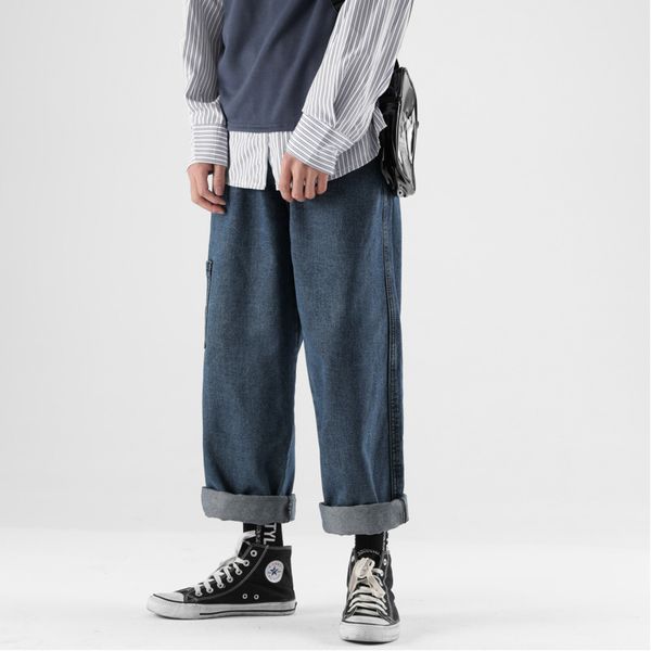 

spring new jeans men fashion retro washed casual straight denim pants man streetwear hip hop loose trousers male clothes, Blue