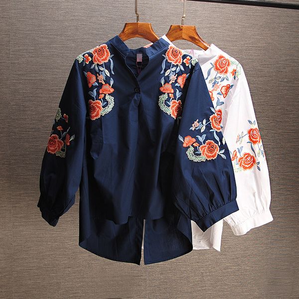 

2020 spring new short embroidered v-neck three-quarter sleeves pullover shirt women slim retro blouse lady flower blouse top, White