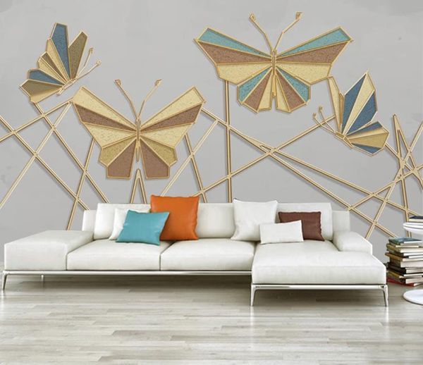 

custom p wallpaper 3d fashion modern geometric line butterfly golden relief living room bedroom tv background wall murals wallpaper