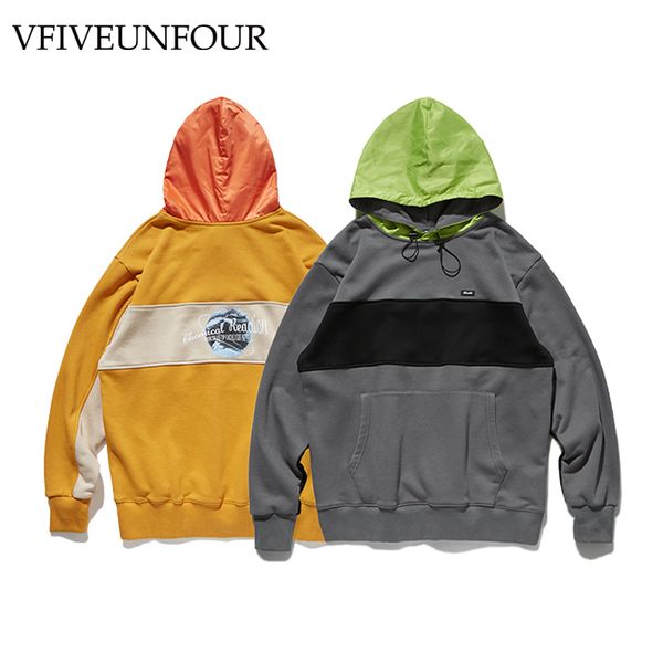 

vfiveunfour 2019 winter autumn color block patchwork print hoodies sweatshirts men hip hop casual pullover hooded loose, Black