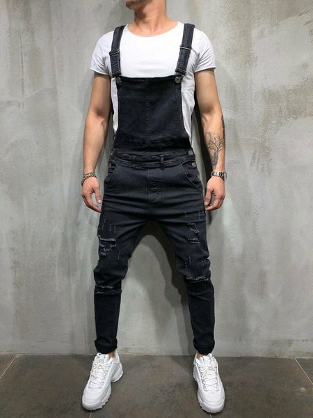 

men's distressed denim carpenter overalls bib jumpsuits moto biker jean pants men's suspender trousers, Black