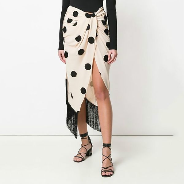 

2020 новая весна лето высокий эластичный пояс black dot printed кисточки высокий vent половина тела юбка женщины мода tide k050