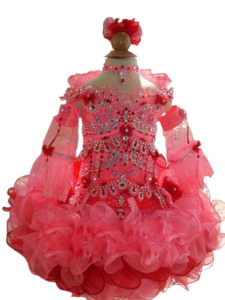 

luxury long sleeve beaded little baby girls' pageant tutu cupcake dresses infant flower girl bridesmaid kids children gowns, Red;yellow