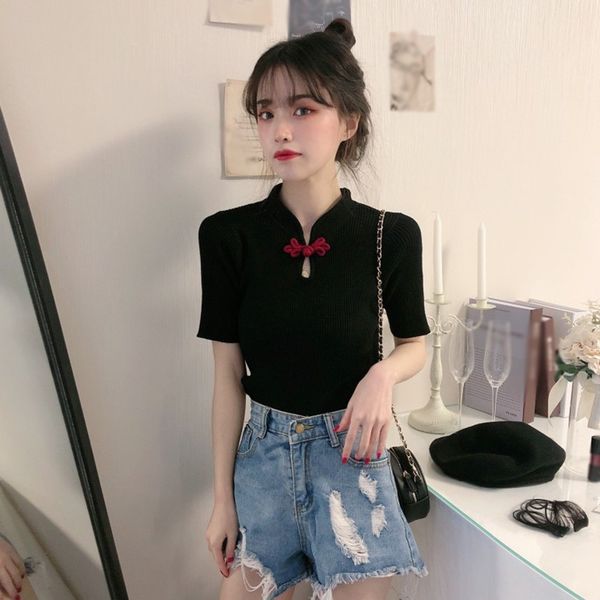 

summer retro button slim t shirt women fashion short sleeve shirt lady black white knitted