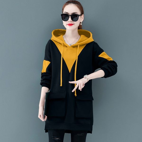 

women loose fit fleece lining long hoodie sweatshirt pullover casual streetwear pocket colors mix sweatshirts plus size 5xl, Black