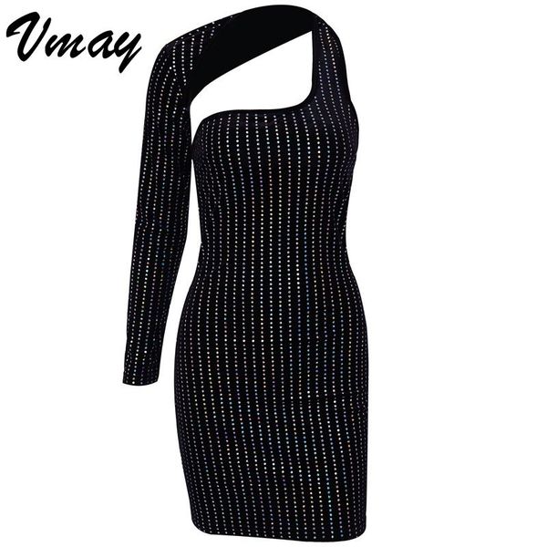 

Vmay Hot-studded Diamond Dress Reflective Irregular One-shoulder Long-sleeved Bag Hip Dress 2019 Spring Solid Mini