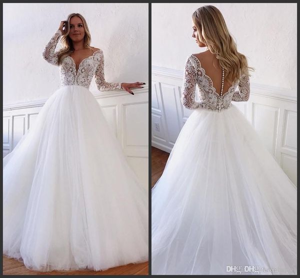 

white tulle lace long sleeve v neck plus size wedding dresses bridal gowns 2019 modest wedding dress dubai sale