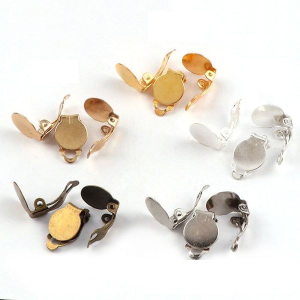 

100pcs flat round glue-on tray diy clip-on earrings non piercing jewelry finding clip on earring findings, Silver