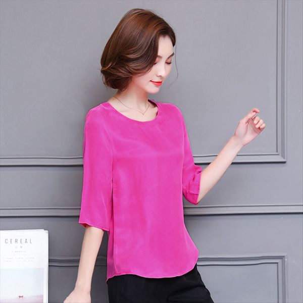 

loose cupro l silk jacket silk jacket three-quarter sleeve t-shirt nv duan xiu plain base shirt, White