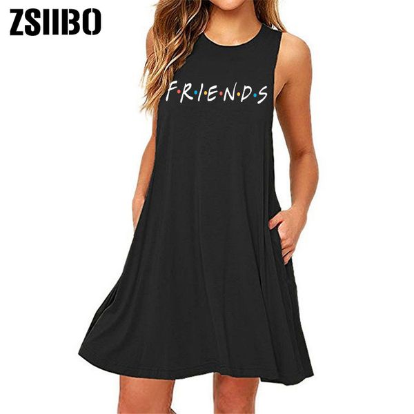 

zsiibo друзья печати платье 2019 женщины plus szie платье без рукавов новый короткие бич сарафан повседневные платья перевозка груза падения, Black;gray