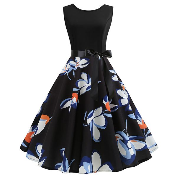 

new style selling retro hepburn wind waist hugging slimming printed big hemline dress, Black;gray