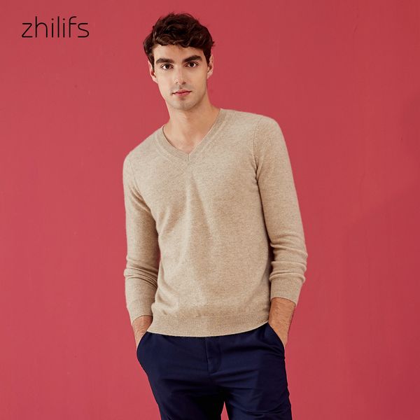 

zhilifs v-neck solid color 100% cashmere sweater men long sleeve warm and pure cashmere beige casual bottoming knit sweater, White;black