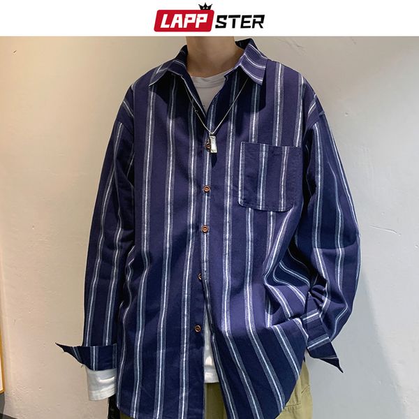

lappster мужчин дизайнер корейский полосатый блузка 2020 году мужчин синий свободного покроя рубашки длинный рукав кнопка мужской моды до ка, White;black