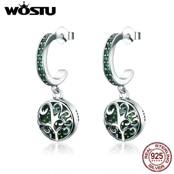 

wostu spring new 100% 925 sterling silver green crystal tree of life tree leaves drop earrings for women fashion jewelry cqe280