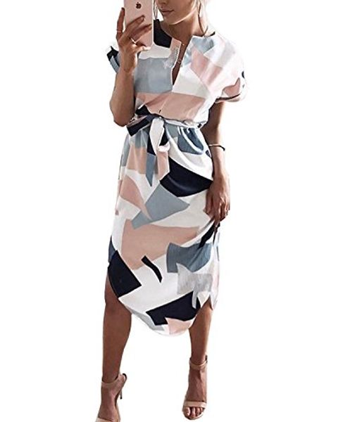 

porala womens summer dresses v-neck casual work geometric pattern midi floral print belted pencil dress(xs-xxxl, Black;gray