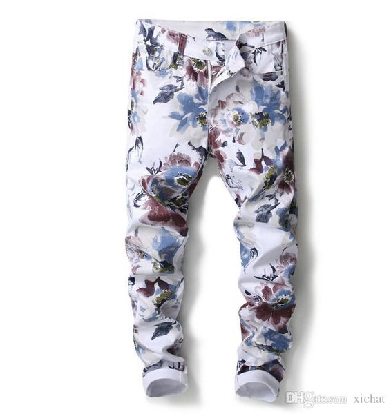 

summer men 3d digital printed white slim fit jeans brand new spring designer stretch streetwear denim pants 5009, Blue