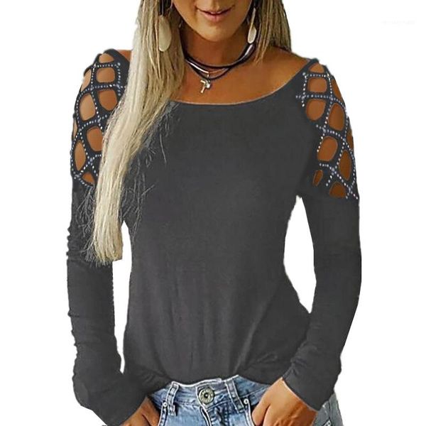 

sleeve t-shirt hollow out solid color rhinestone designer tees women fashion casual womens long, White