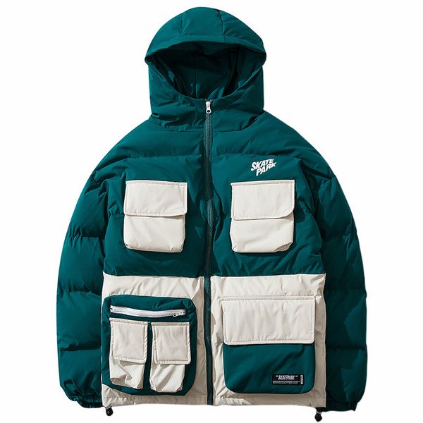 

2019 winter streetwear hip hop jacket parka padded men harajuku color block trench coat hooded windbreaker oversize outwear new, Black
