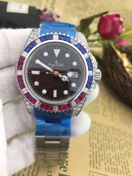 

luxury new brand men automatic mechanical watches rainbow diamonds stainless steel gold black blue green classic gent watch gmt, Slivery;brown