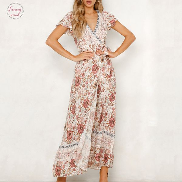 

2019 лето женщины цветочные печати boho платье sexy v шеи high beach длинное платье с коротким рукавом причинная поясами wrap maxi платья, Black;gray
