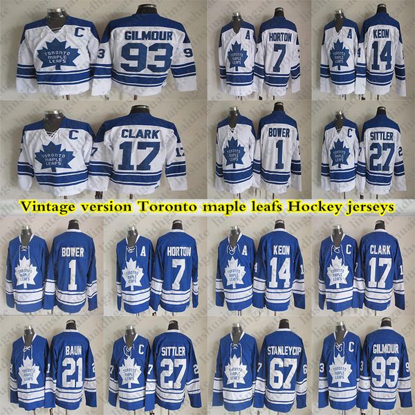 

toronto maple leafs vintage version hockey jersey 17 clark 93 gilm0ur 7 horton 27 sittler 1 bower 14 keon 21 baun jerseys, Black;red