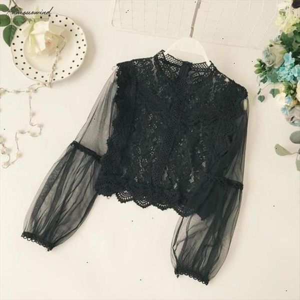 

arrival new ladies mesh lace hook flower lantern sleeve loose short pullover blouse shirts women fashion cute voile suits, White