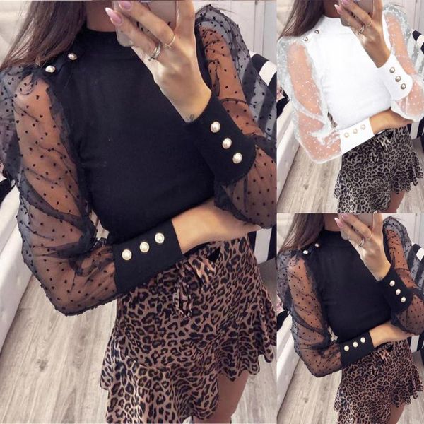 

plus size fashion blouse women o-neck lantern sleeve perspective dot mesh sleeve casual loose blusa feminina ropa mujer, White
