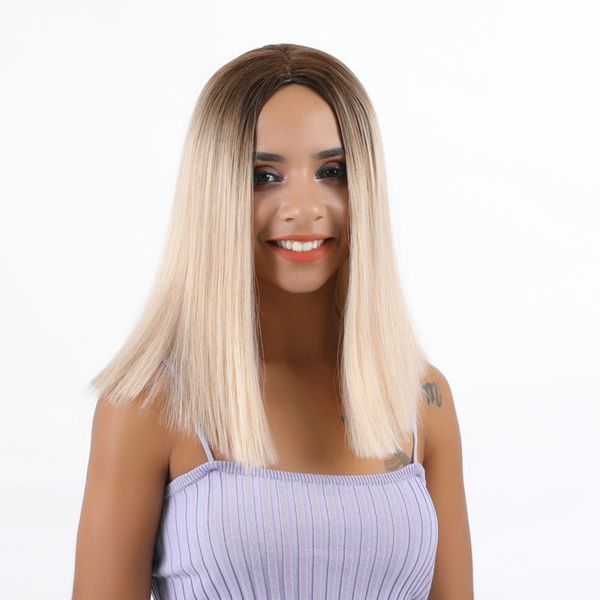 Synthetic Short Straight Wigs For Brown Or White Ombre Color