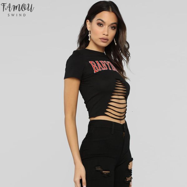 

hole crop summer shirt women t shirt hip hop streetwear tshirts tore strips designs t shirt babydoll print t shirts, White