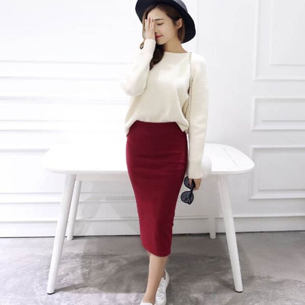 

2020 new women stretchable split skirt autumn winter bodycon skirt mid calf slim pencil skirts for women female knit, Black