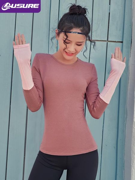 

lusure sports shirt women's spring running yoga wear long-sleeved t-shirt slim was thin hit color net red fitness clothes, White;red