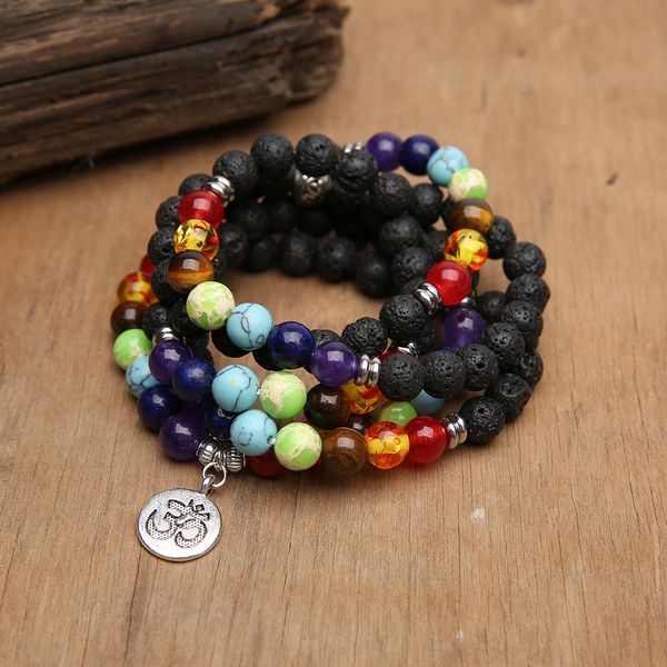 

rttooas lava stone beaded bracelets tibetan charm rosary 108 mala bracelet wrist stackable ethnic jewelry, Golden;silver